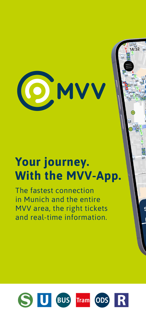 Pantalla promocional de la MVV-App para el transporte público de Múnich con planificación de rutas en tiempo real y opciones de billetes