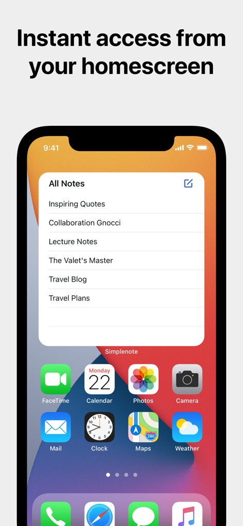 Simplenote - Simplenote widget on an iPhone home screen displaying a list of recent notes for quick access