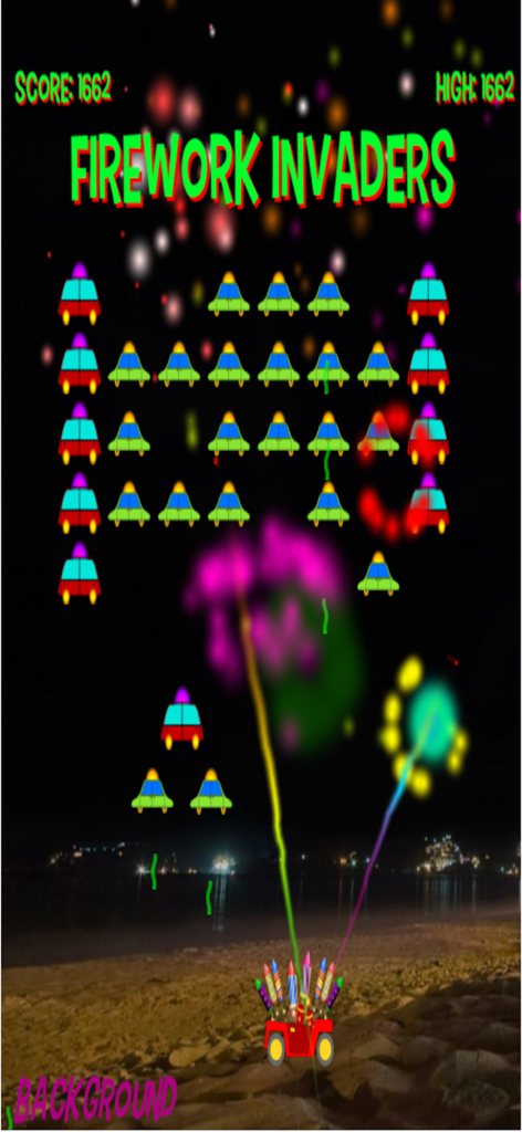 Firework Invaders Pro - Retro arcade gameplay of Firework Invaders Pro with fireworks shooting at alien ships over a night sky