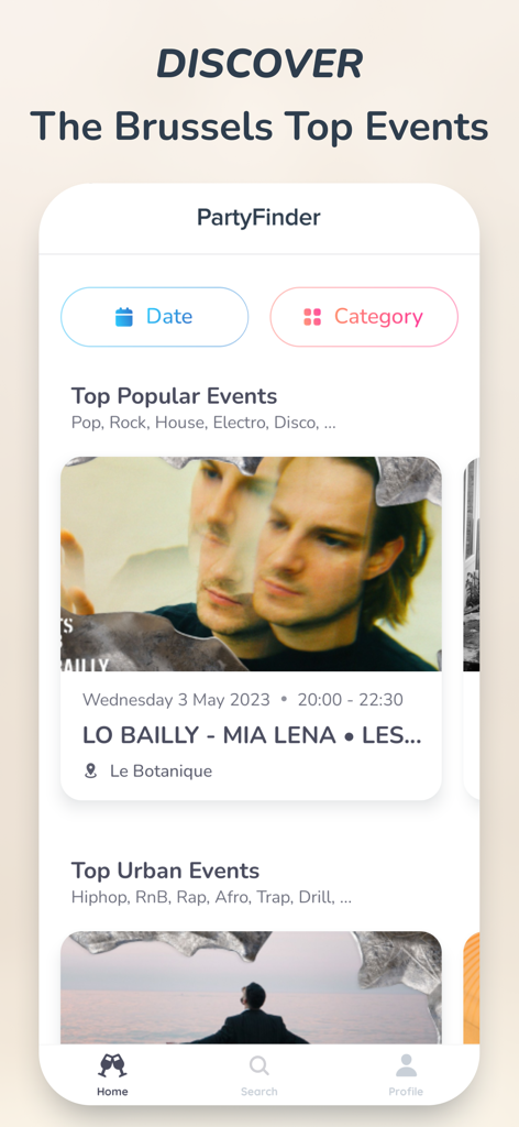 PartyFinder - Belgium - Schermata principale dell'app PartyFinder che mostra i migliori eventi popolari a Bruxelles con filtri di ricerca per data e categoria