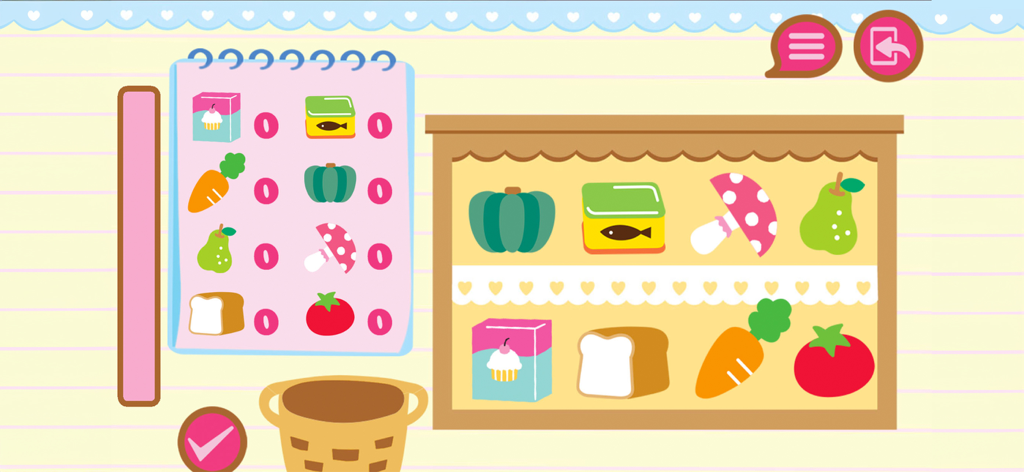 買い物リストと棚に並んだ食品が表示されている、ハローキティシティの知育ゲーム画面。