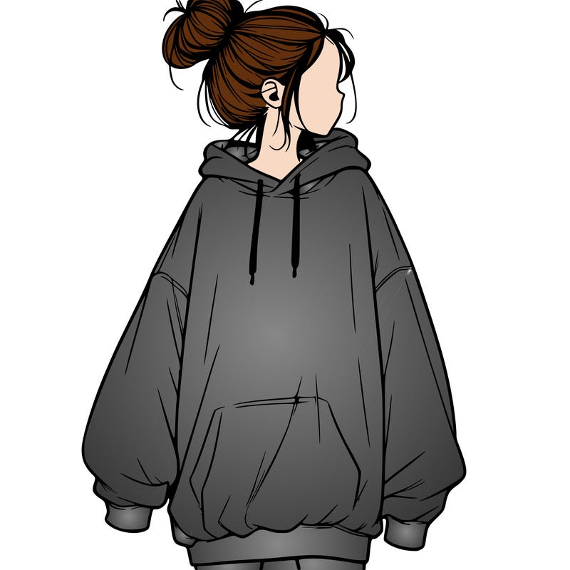 realistic girl with a oversized sweatshirt on and a bun
