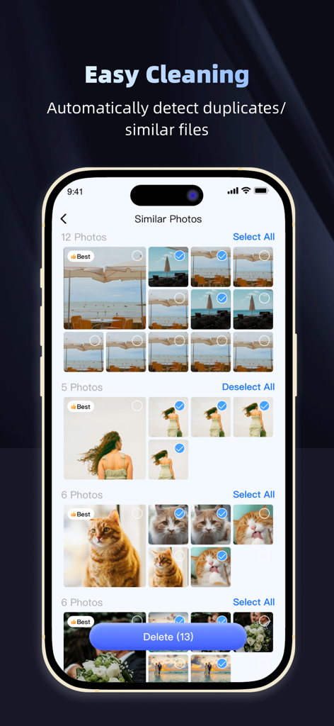 Flux Cleaner-Space Optimize - Flux Cleaner app interface showing automatic detection of similar photos and recommending the best ones to keep for storage optimization.