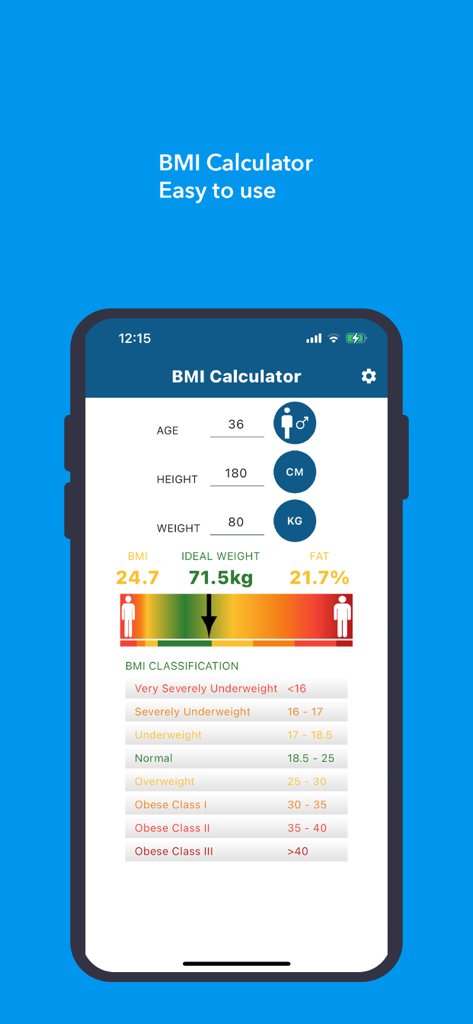 BMI Calculator - Healthy & Fit - BMI calculator app screen showing body mass index ideal weight and health classification scale
