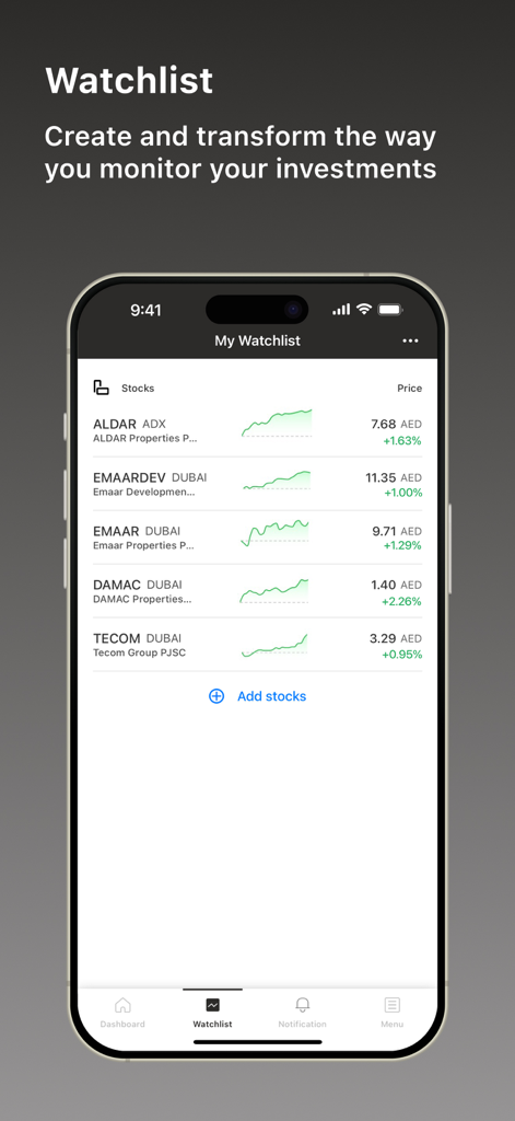 Aldar Investor Relations app watchlist displaying stock prices and performance charts for UAE companies
