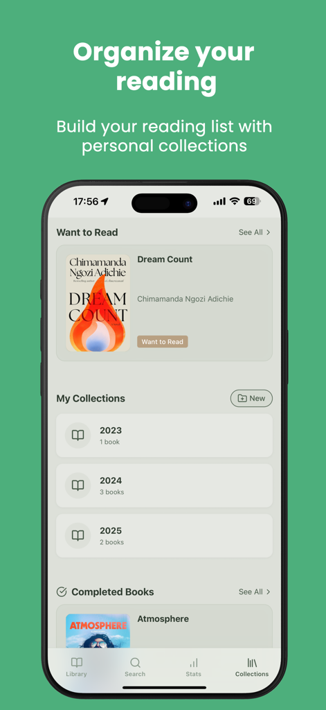 A mobile interface of the StoryStack app showing a reading list and book collections organized by year