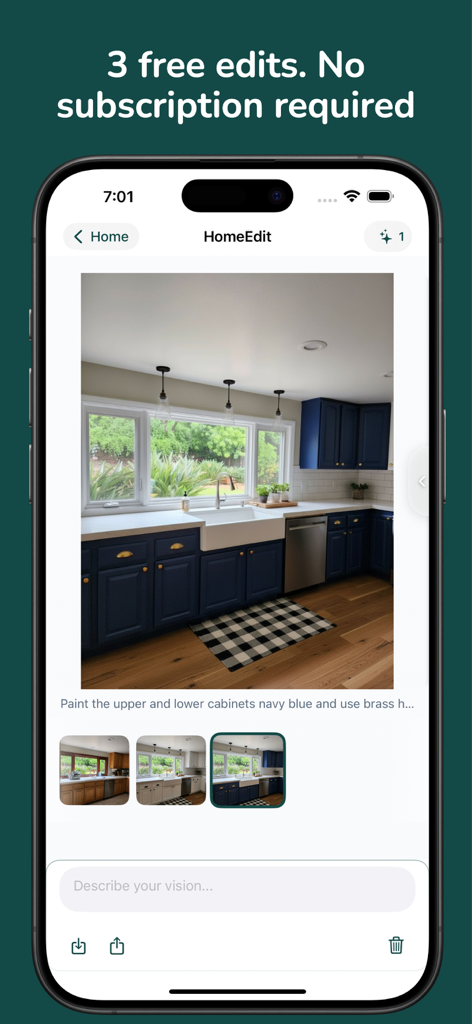 Smartphone screen showing HomeEdit app generating a navy blue kitchen cabinet redesign using AI from a real photo.