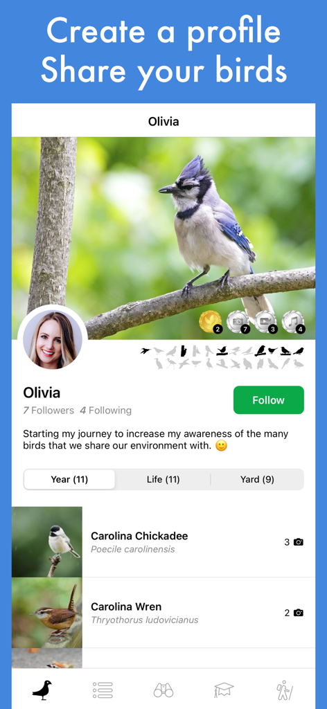 Smart Bird ID: Bird Identifier - User profile in the Smart Bird ID app showing bird sightings and a personal birdwatching life list.