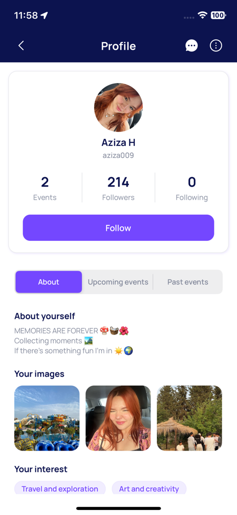 Declic - A user profile screen on the Declic app showing personal interests, a bio, and social stats like followers.
