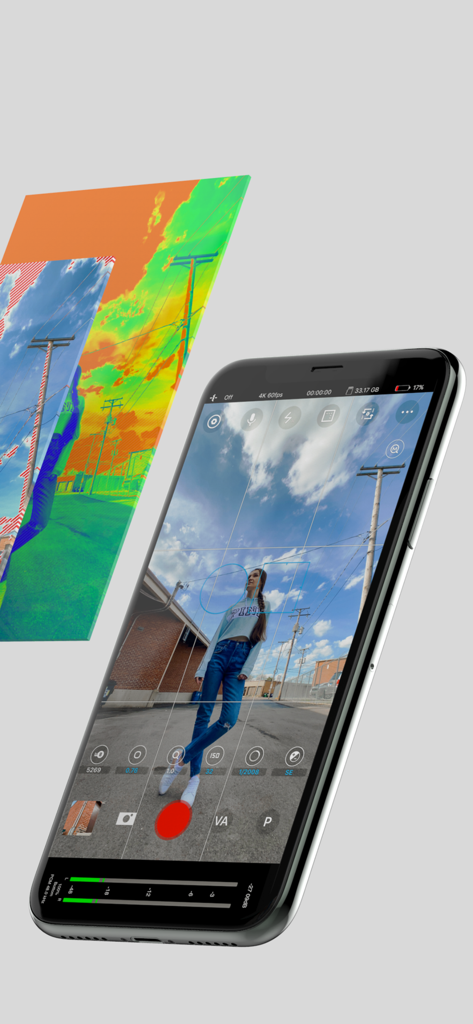 Beastcam app interface on iPhone showing manual camera controls and professional exposure tools like false color