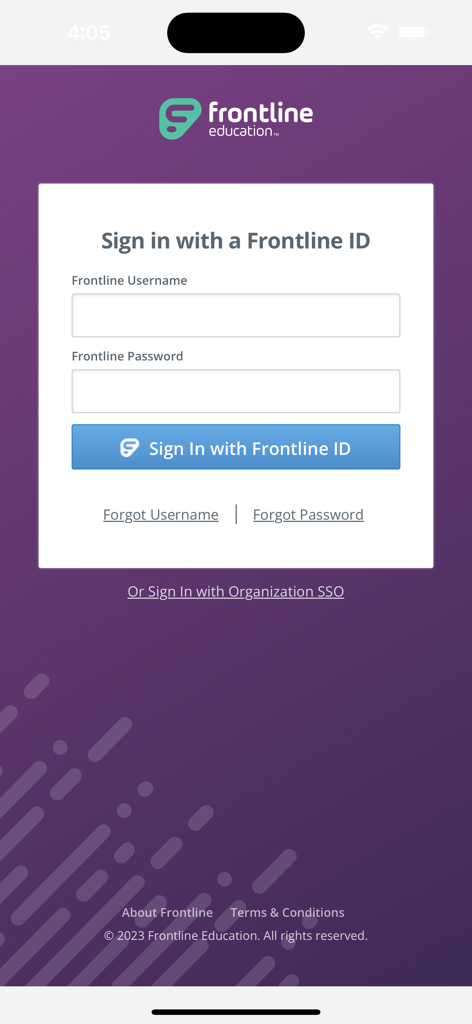Frontline Education app sign in screen with username and password input fields