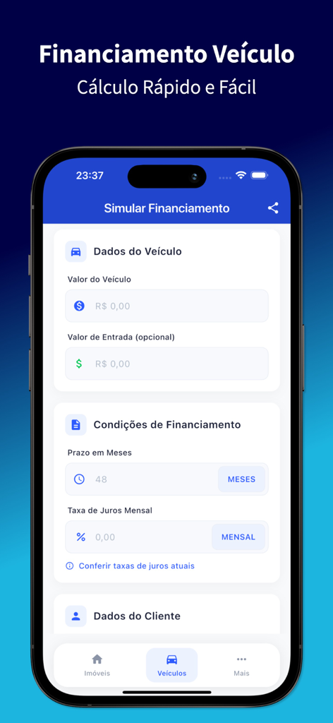 Schermata dell'app mobile per la simulazione di finanziamento veicoli che mostra campi per il prezzo dell'auto, l'anticipo e i tassi di interesse