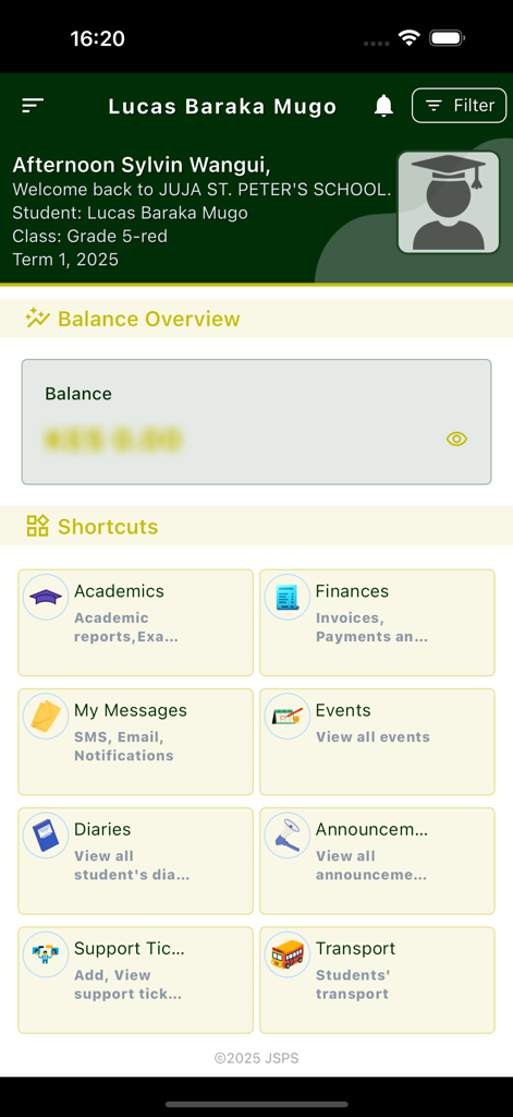 JSPS school management app dashboard showing student profile account balance and module shortcuts