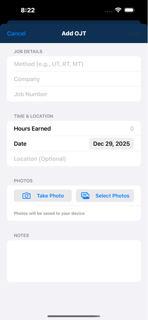 My Certification Tracker - Mobile screen for adding on the job training records including hours and job details