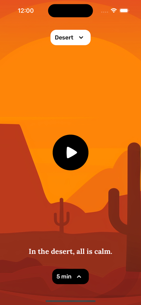 Interface of the White Noise app featuring a desert soundscape with a sunset background and a sleep timer.