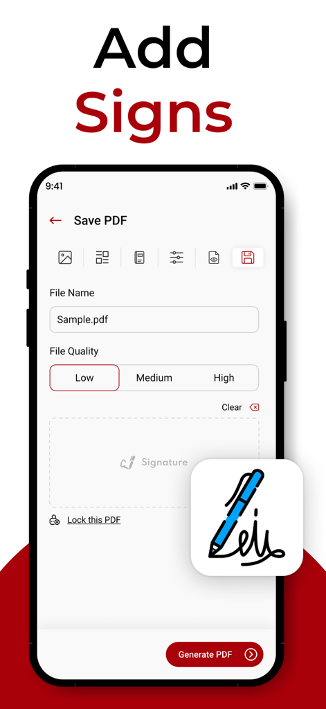 디지털 문서에 대한 서명 기능을 보여주는 사진을 PDF 앱의 인터페이스.