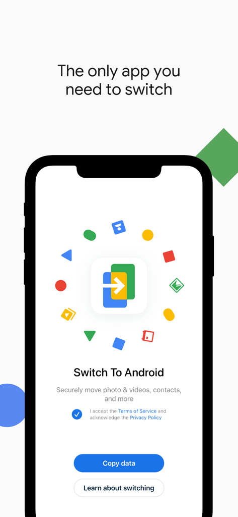 Android Switch - Pantalla principal de la aplicación Android Switch para iPhone con el botón Copiar datos