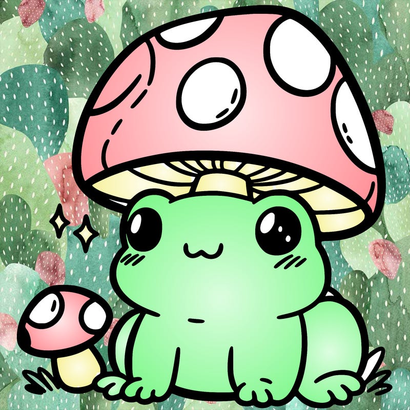 a cute frog with a mushroom hat