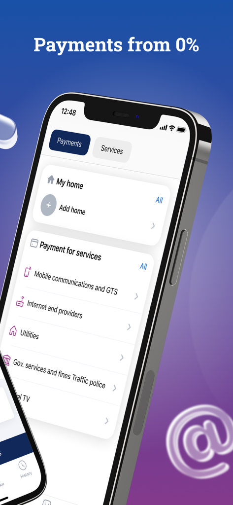 InfinBANK - Interface do aplicativo InfinBANK para pagar serviços públicos e serviços móveis