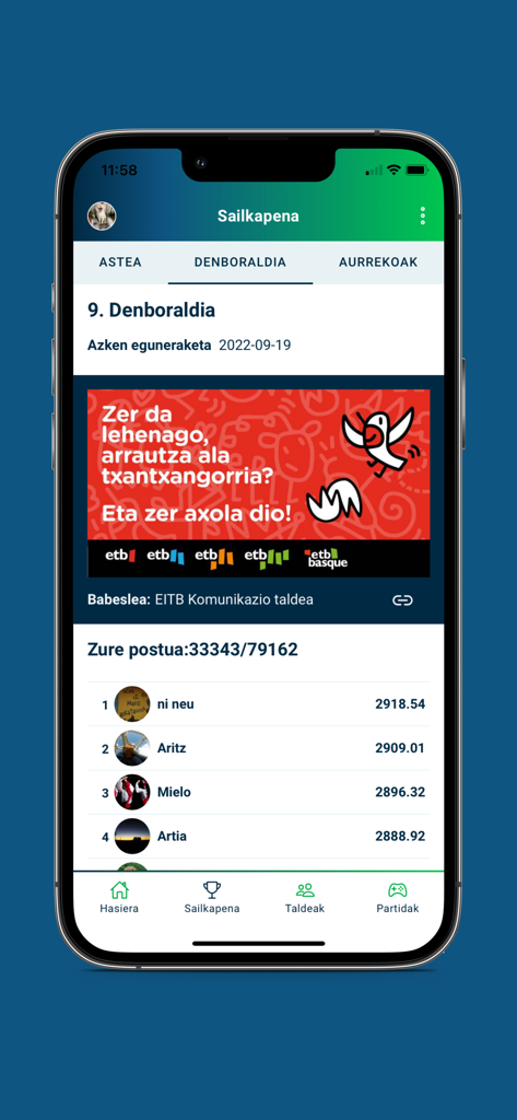 Pantalla de la tabla de clasificación de la aplicación Egunean Behin mostrando las clasificaciones y puntuaciones de los usuarios en vasco.