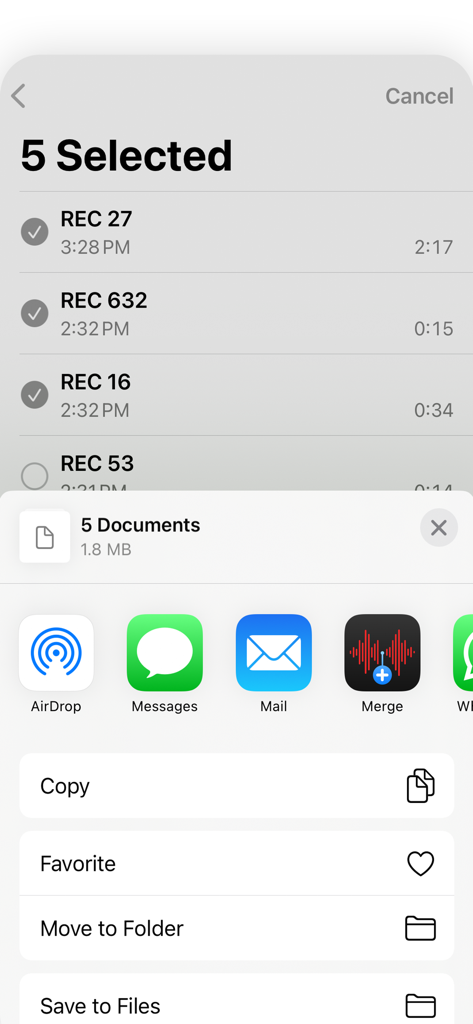 Voice Memos - Merge - iOS share menu featuring the Merge extension for combining multiple voice recordings