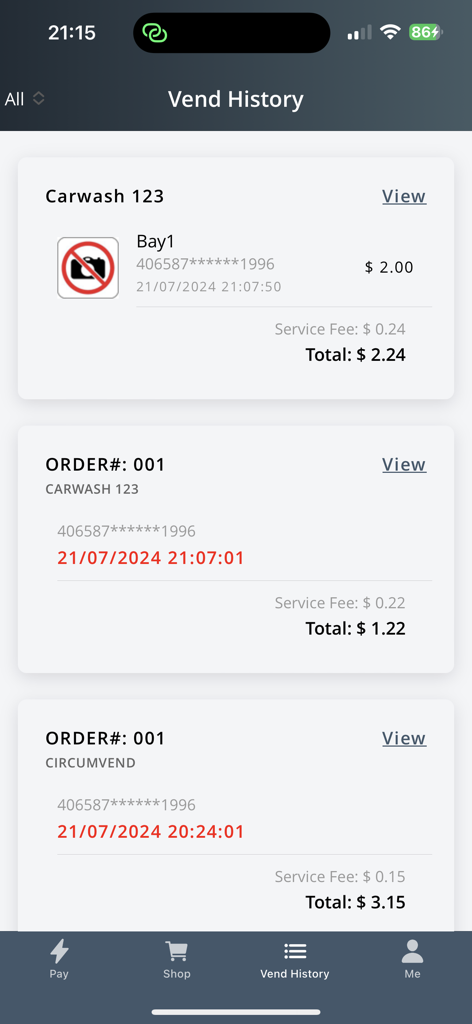 Circum Pay - Circum Pay app vend history showing transaction details for car wash and vending machine services