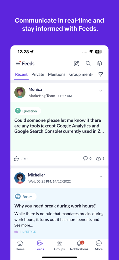Zoho Connect - Interface do aplicativo móvel Zoho Connect mostrando os feeds de equipe em tempo real com postagens e discussões de fórum.