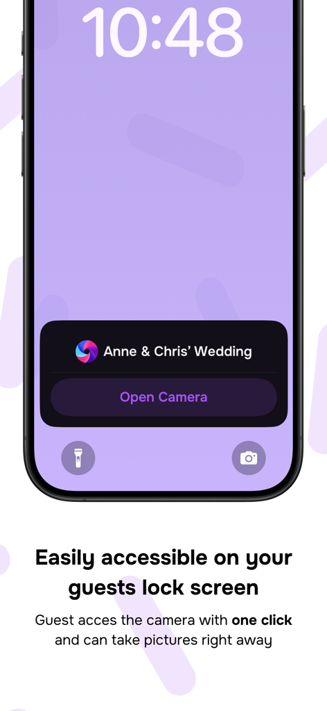 A smartphone lock screen showing a Lense app notification for a wedding with an Open Camera button.