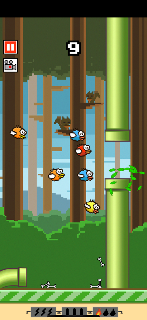 Gameplay of Flappy Crush showing pixel art birds flying between green pipes in a forest