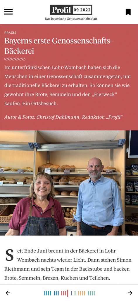 Digitaler Magazinartikel über eine Genossenschaftsbäckerei in der Profil App