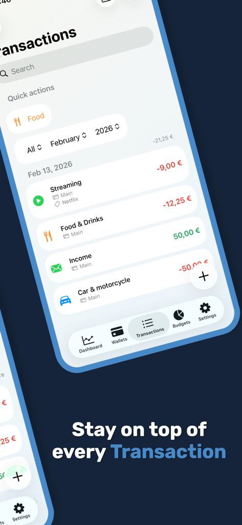 A transactions overview screen in the Numeo app showing various categorized expenses and income records.