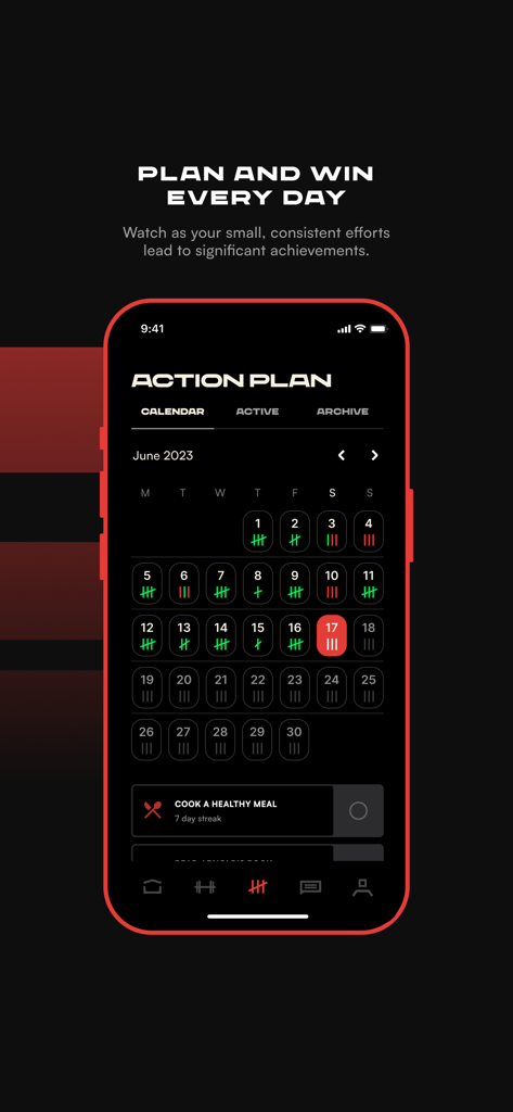 The Pump Club app action plan screen showing a monthly habit tracking calendar and daily fitness goals.