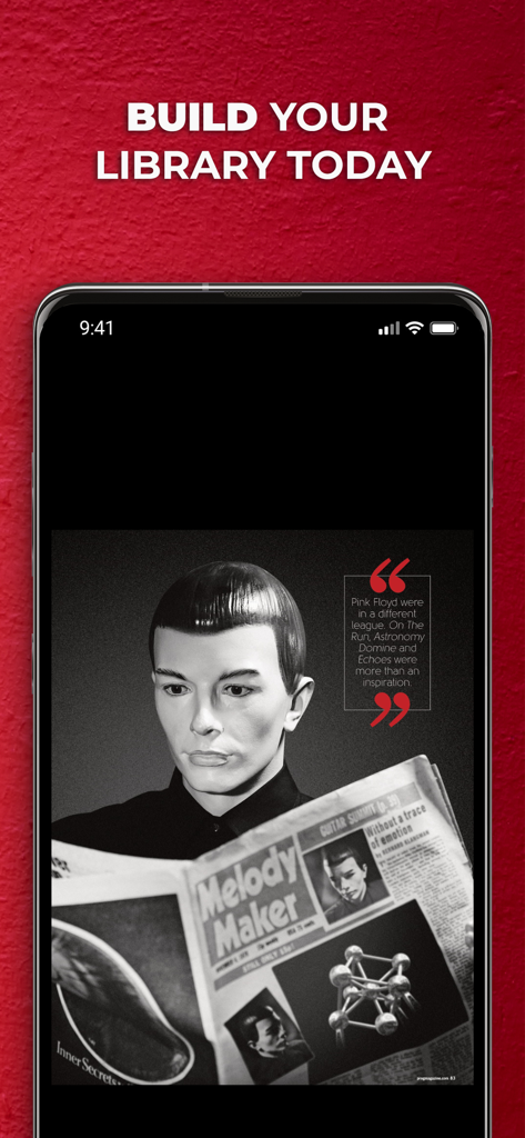 Prog Magazine - A black and white artistic image in the Prog Magazine app showing a person reading a Melody Maker newspaper with a quote about Pink Floyd.
