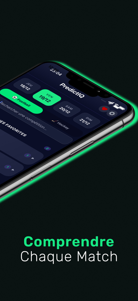 PredictIQ – AI Predictions - Interfaz móvil de la aplicación PredictIQ que muestra categorías de predicción de fútbol y hockey.