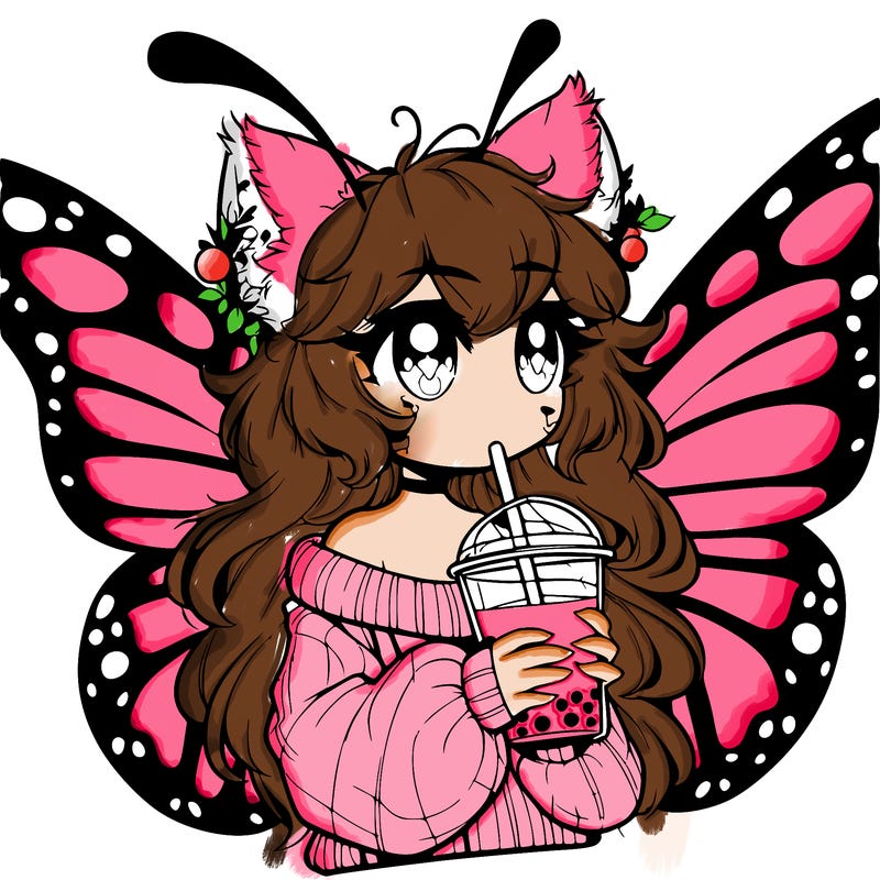a realistic butterfly/furry girl drinking boba