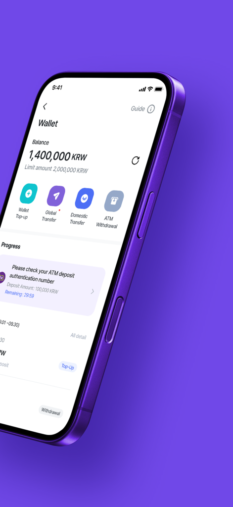 Utransfer-Korea Remittance App - Tela da carteira do aplicativo Utransfer mostrando saldo da conta e opções de transferência