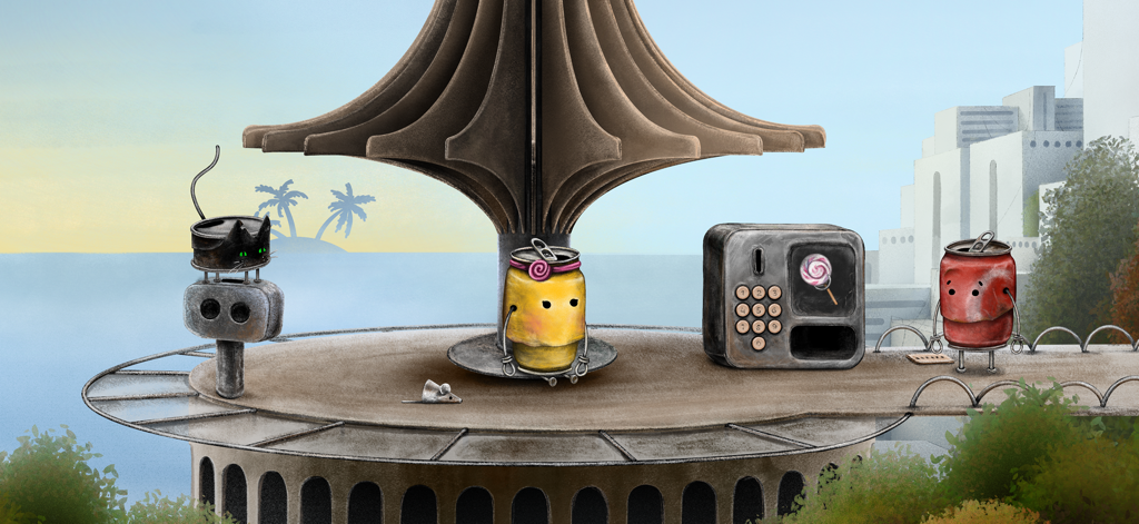 Boxville 2 - Des personnages en boîte dessinés à la main près d'une machine à énigmes au bord de la mer dans Boxville 2.