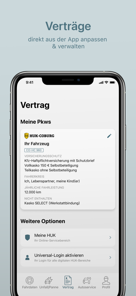 Schermata dello smartphone che visualizza i dettagli del contratto assicurativo e le informazioni sulla polizza del veicolo nell'app HUK Mein Auto.