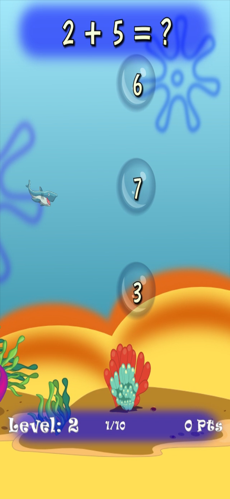 Fish Math Trainer - Underwater educational game interface showing a simple addition math problem with multiple choice bubble answers