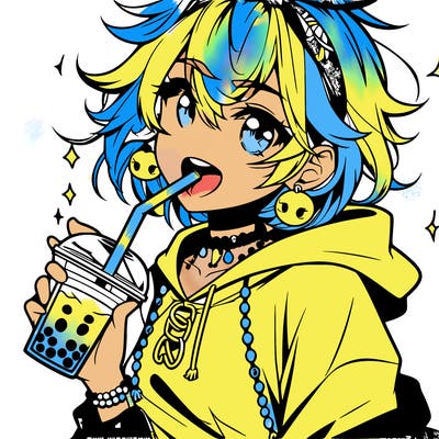 hot baddie anime girl drinking boba and biting the straw