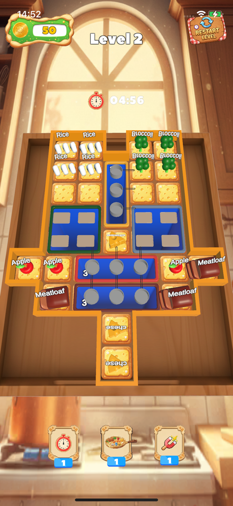 Una captura de pantalla del juego de puzles móvil Dairy Insight match mostrando el Nivel 2 donde los jugadores clasifican varios alimentos en ranuras coincidentes en una tabla de madera.