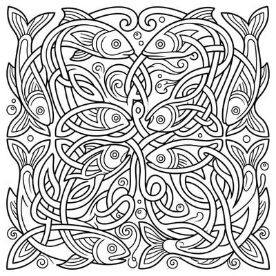 Explore the mesmerizing world of Celtic art with this intricate fish knots coloring page. This elaborate design features interwoven fish motifs, symbolizing wisdom and the flowing water element, perfect for a relaxing and creative escape.