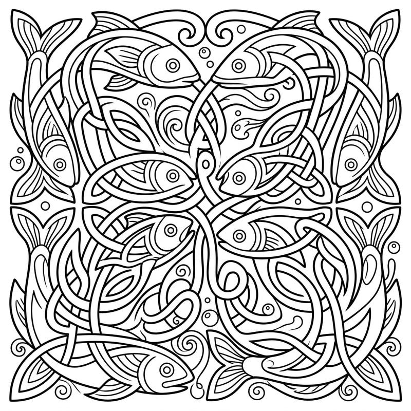 Explore the mesmerizing world of Celtic art with this intricate fish knots coloring page. This elaborate design features interwoven fish motifs, symbolizing wisdom and the flowing water element, perfect for a relaxing and creative escape.