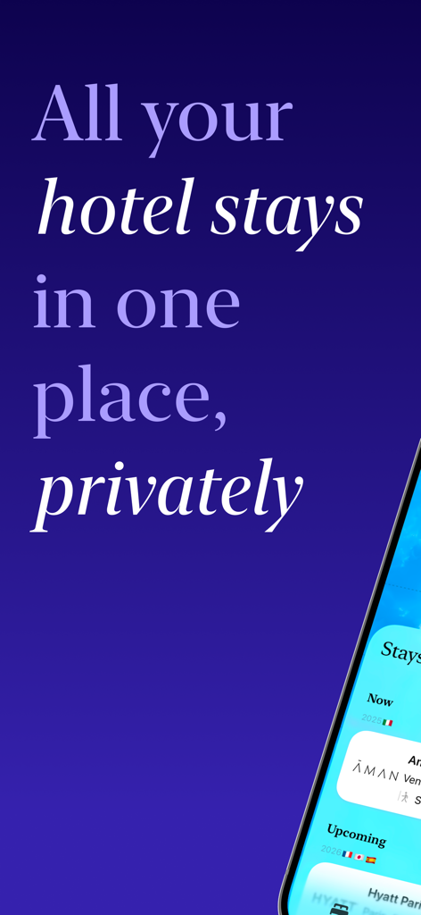 Awaybook: Hotel Tracker - Awaybook app screenshot showing the text All your hotel stays in one place privately with a preview of hotel listings on an iPhone