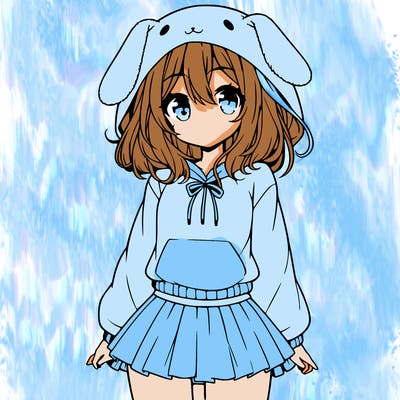 pretty anime girl wearing a fluffy hoodie with bunny ears on the hood and a skirt