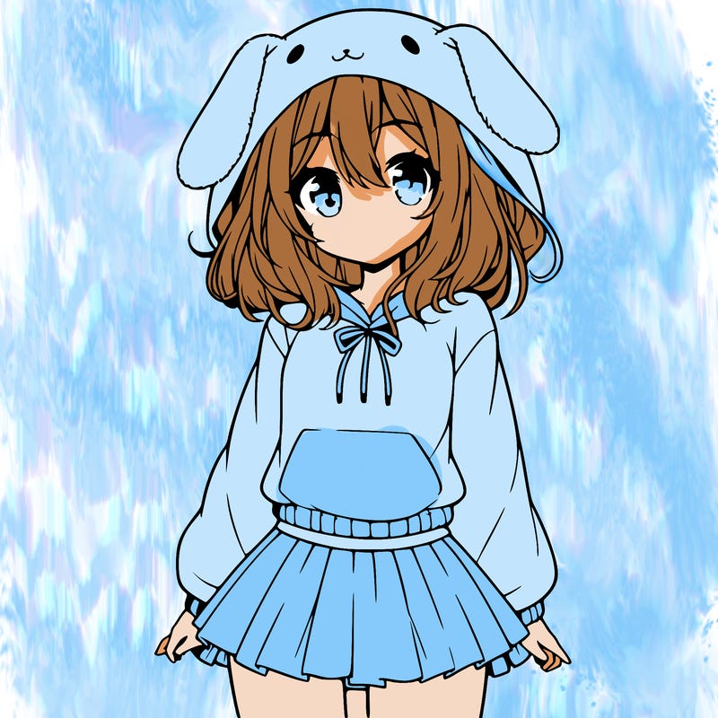 pretty anime girl wearing a fluffy hoodie with bunny ears on the hood and a skirt