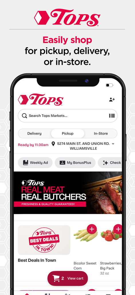 Tops Markets - Tops Markets mobile app interface showing grocery delivery and pickup options with a weekly ad button.
