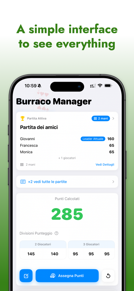 Burraco Manager - Burraco Manager app interface showing game scores and point calculations