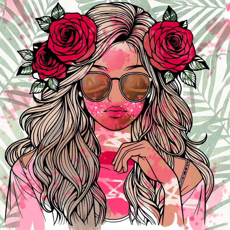 realistic girl with roses in hair and sunglasses
