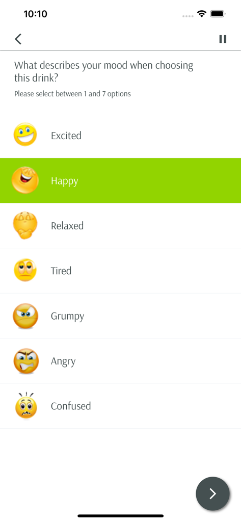 PanelSmart - Pantalla de encuesta de la aplicación PanelSmart que muestra una pregunta de selección de estado de ánimo con varios emojis